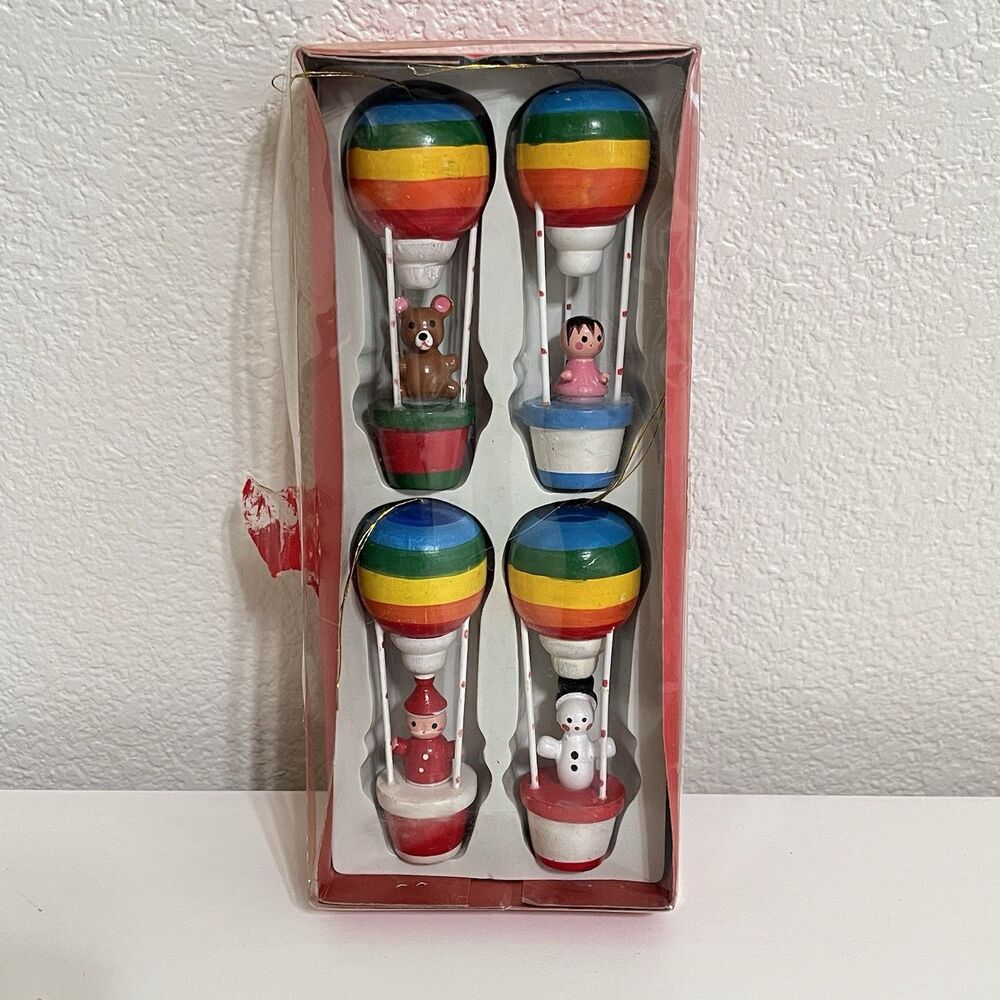 Vintage Wooden Rainbow Hot Air Balloon Ornaments Santa Snowman Bear Set of 4